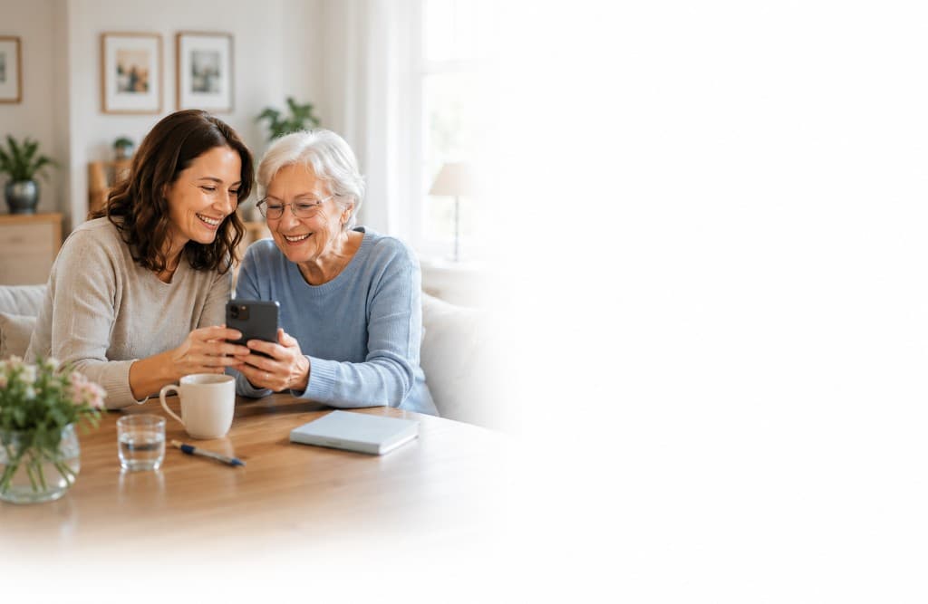 Angehörige und PflegeNest im vertrauensvollen Gespräch am Smartphone