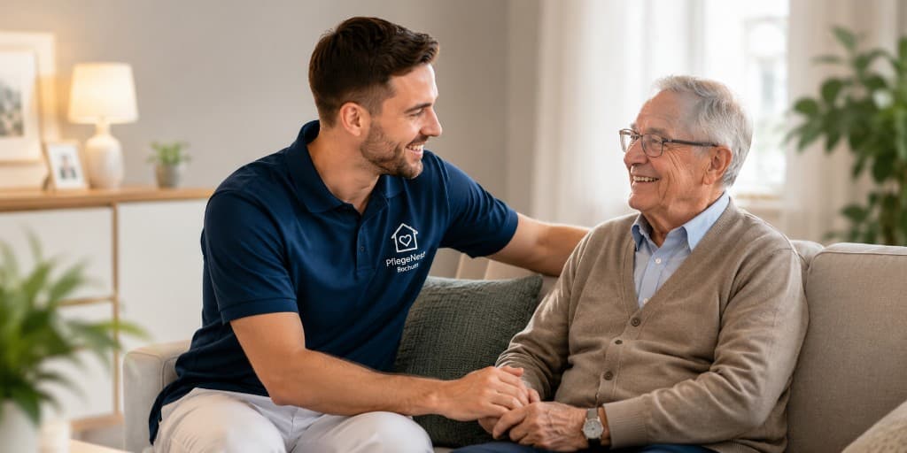 PflegeNest Pflegekraft im persönlichen Gespräch mit einem älteren Herrn auf dem Sofa